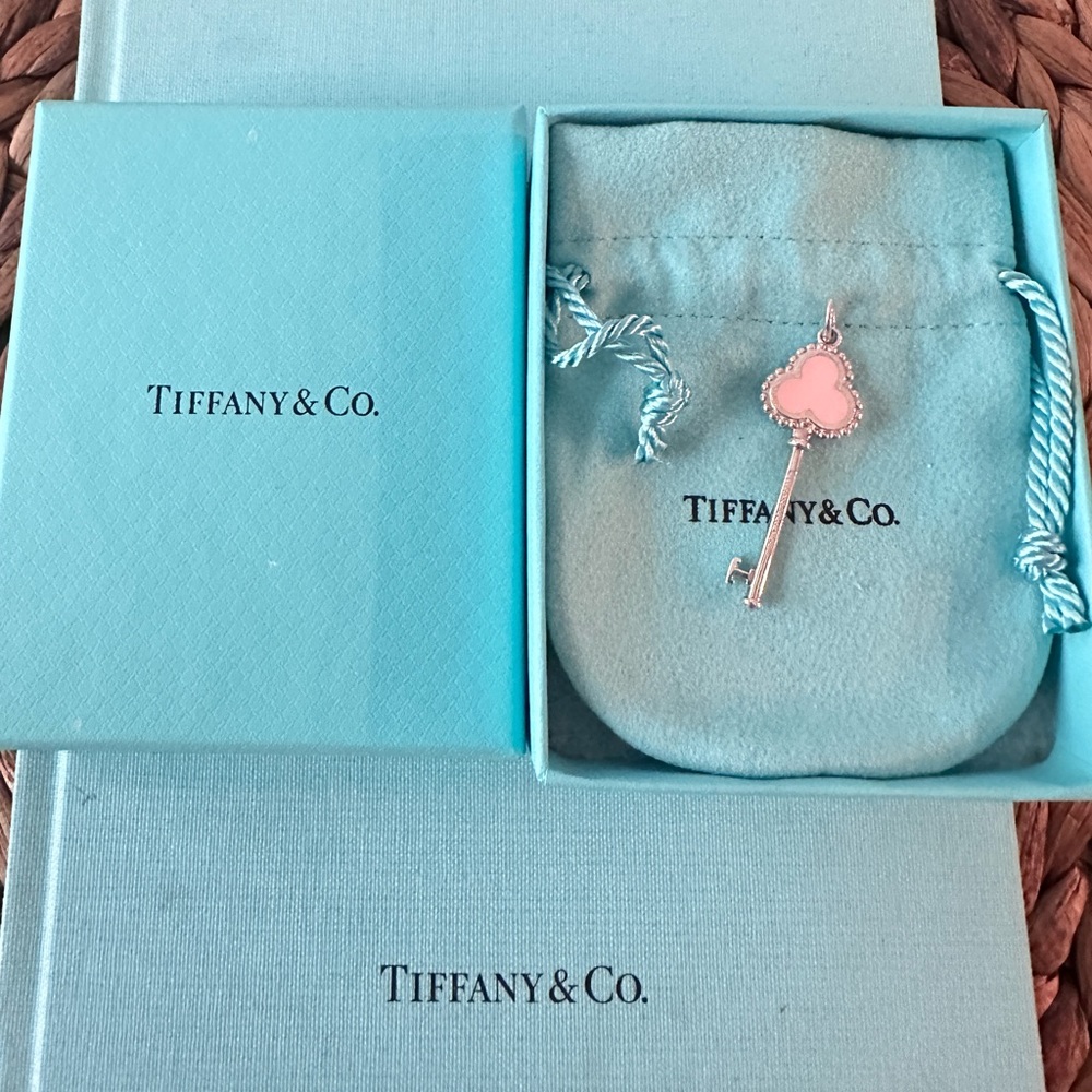 Authentic Tiffany & Co pink enamel Trefoil key silver